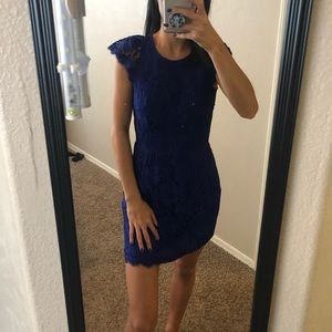 Open back, lace royal blue mini dress